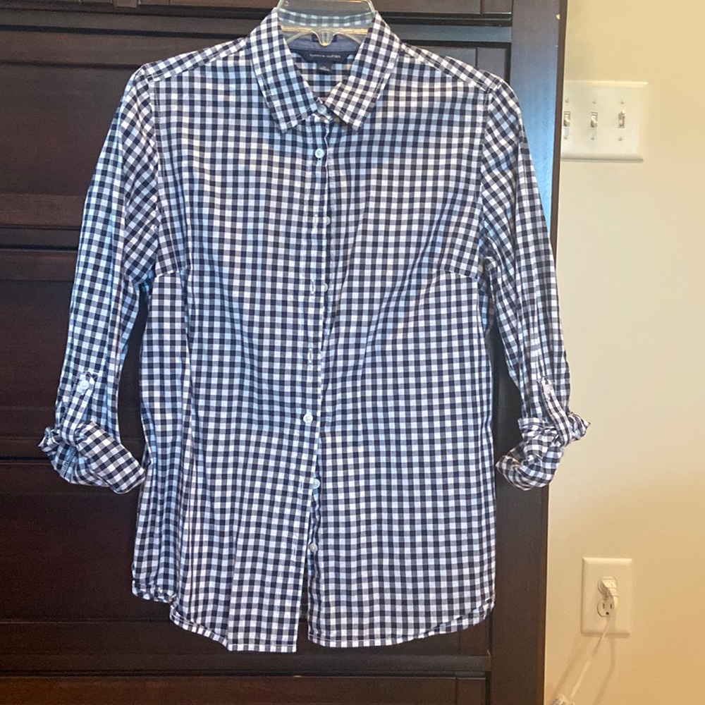 Button down navy and white gingham. Long-sleeve. Medium. Tommy Hilfiger.